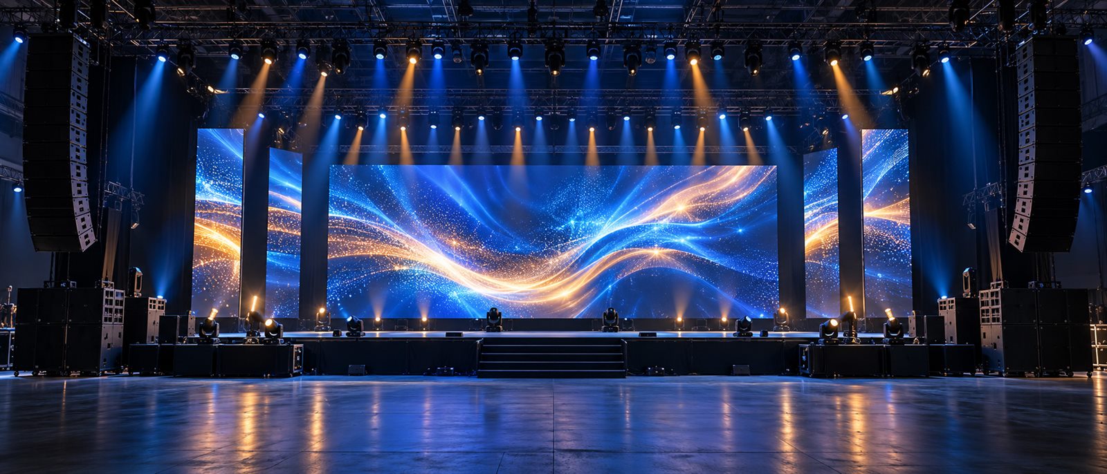 Böyük LED video divarı, line-array akustikası və peşəkar səhnə işığı olan konsert səhnəsi