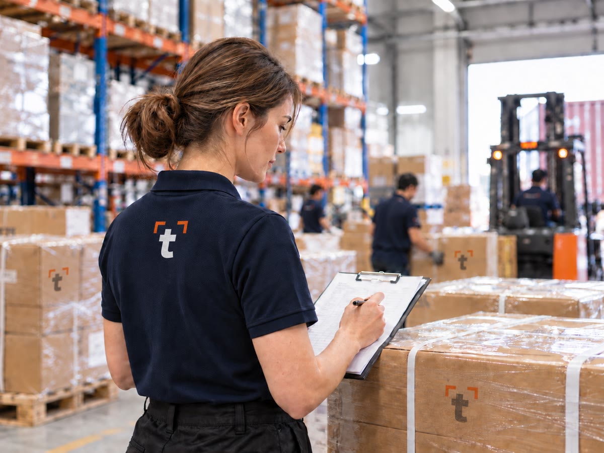 TEAM A→Z employee inspecting an order at a warehouse in China