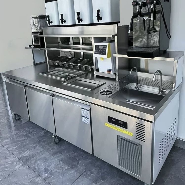 Commercial Water Bar Counter Equipment for Milk Tea Shops, Complete Set of Refrigerated Workstations, Coffee and Salad Prep Stations, Beverage Workstations, and Machines
