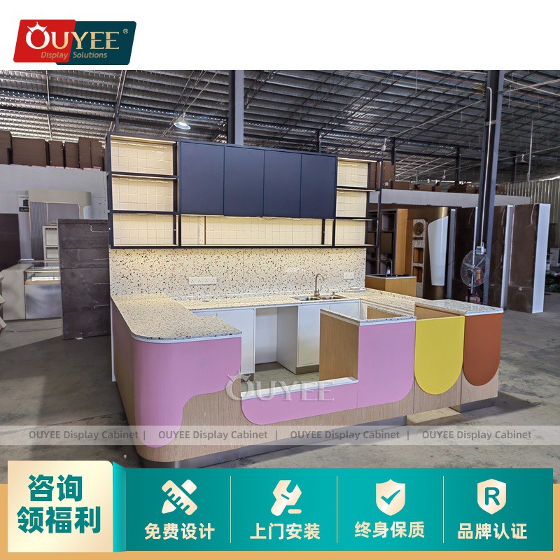 Simple Colorful Spliced Curved Bar Counter, Commercial Counter for Milk Tea Shops and Coffee Shops, Custom L-Shaped Dining Counter