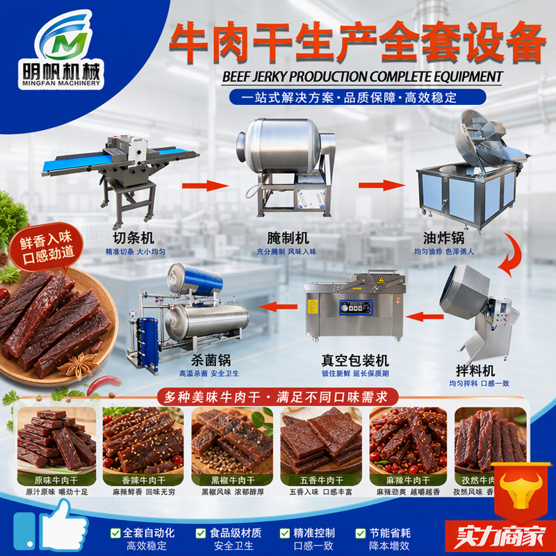 Fully automatic beef jerky emal avadanlıq, beef jerky istehsal xətti, fresh meat slicing və vacuum marinating qurğu, complete set of avadanlıq