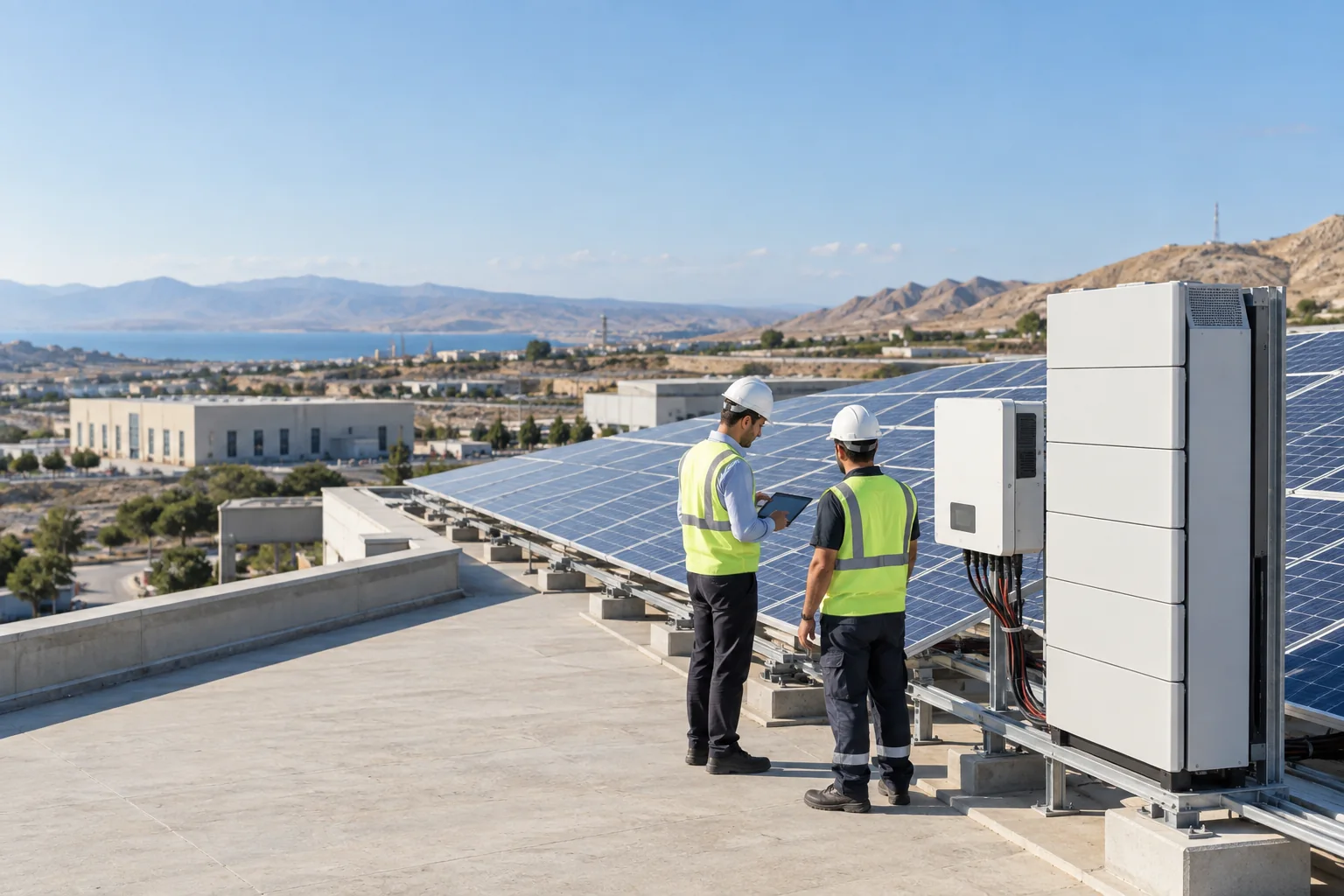 Sənaye binasının damında günəş panelləri, inverter və enerji saxlama sistemi