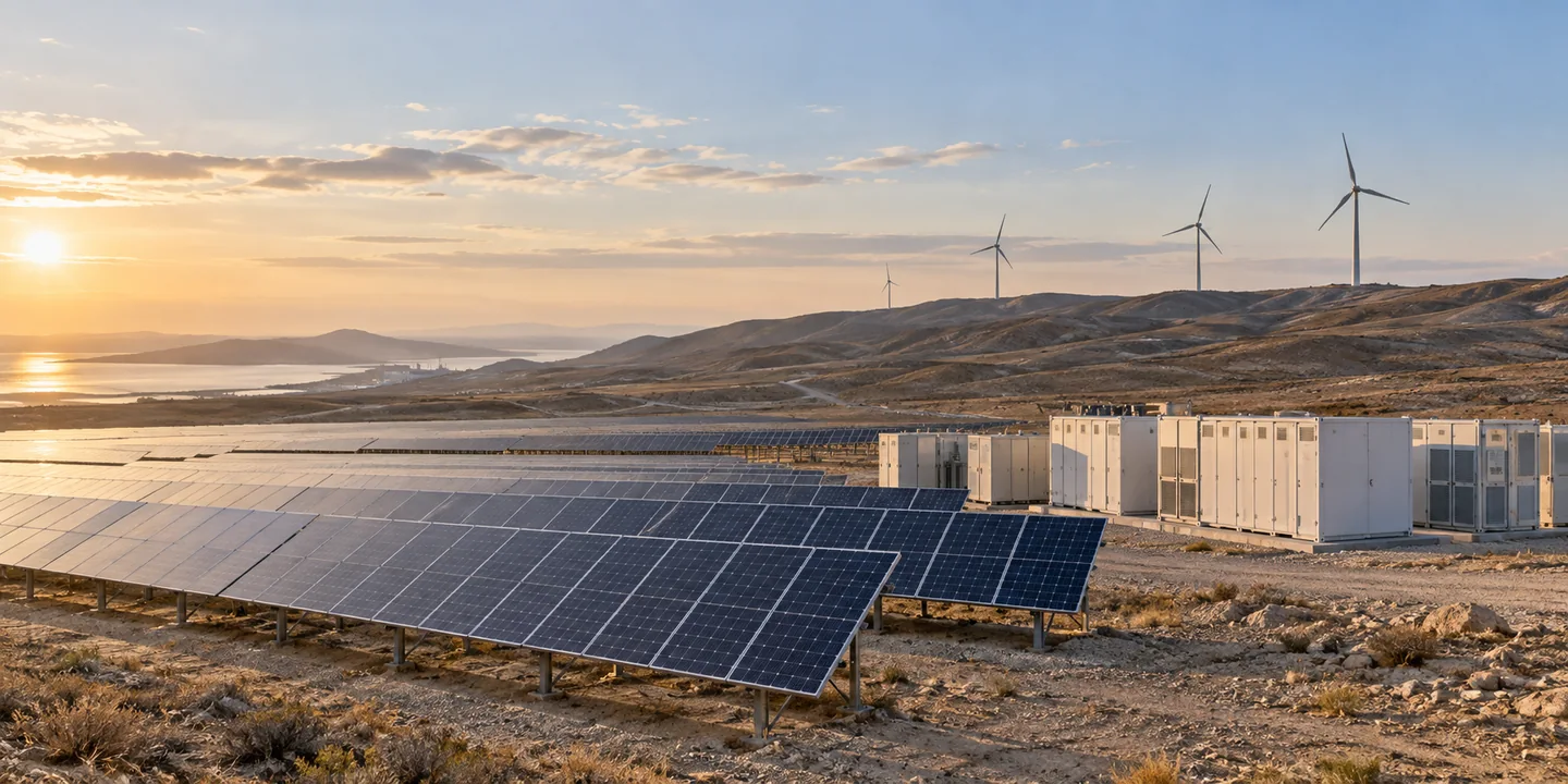 Azərbaycan mənzərəsində günəş panelləri, külək turbinləri və enerji saxlama sistemi